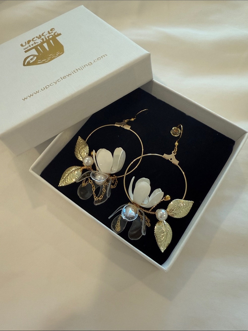 Handmade Gold & White Floral Hoop Earrings